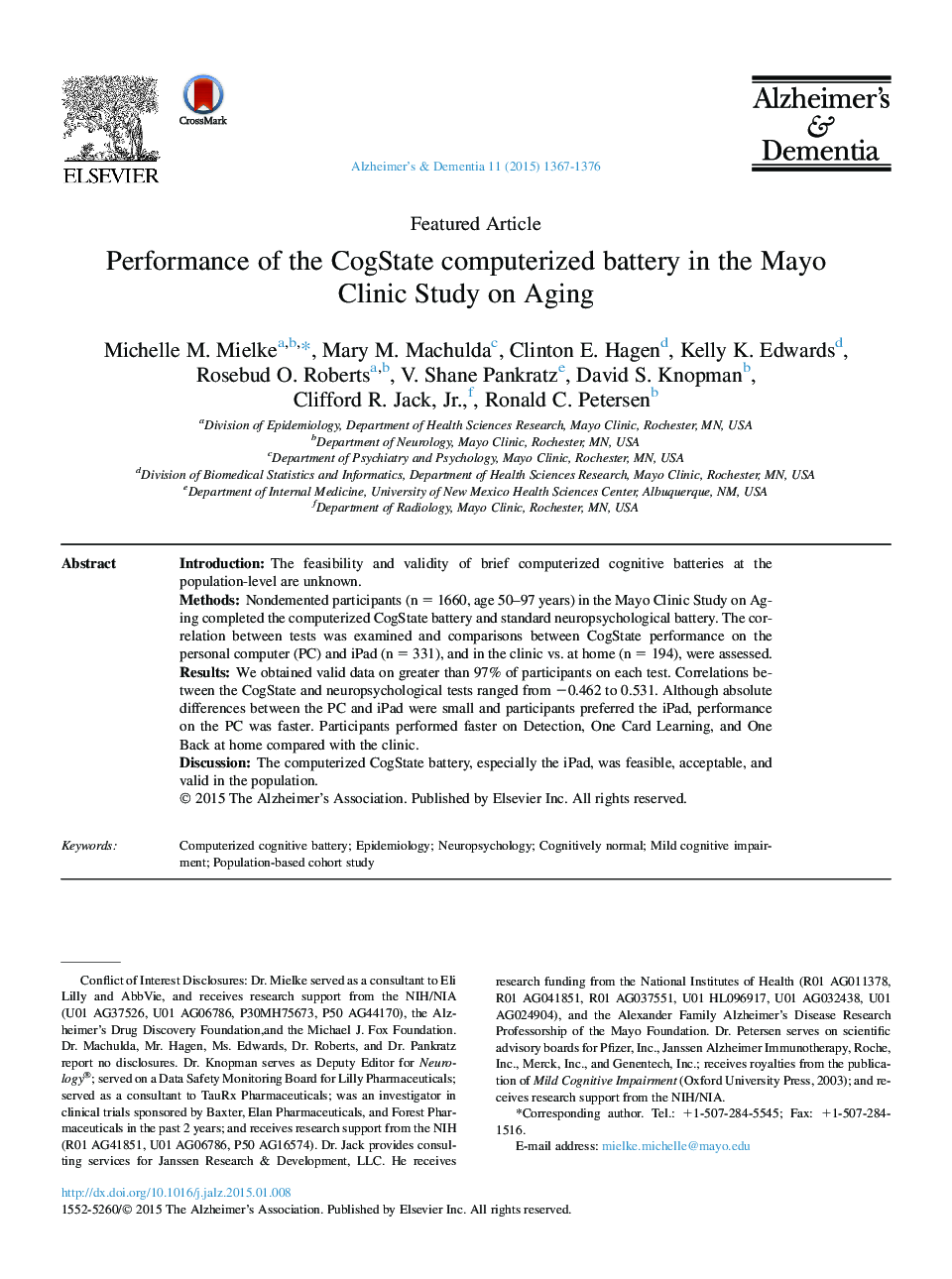 Featured ArticlePerformance of the CogState computerized battery in the Mayo ClinicÂ Study on Aging