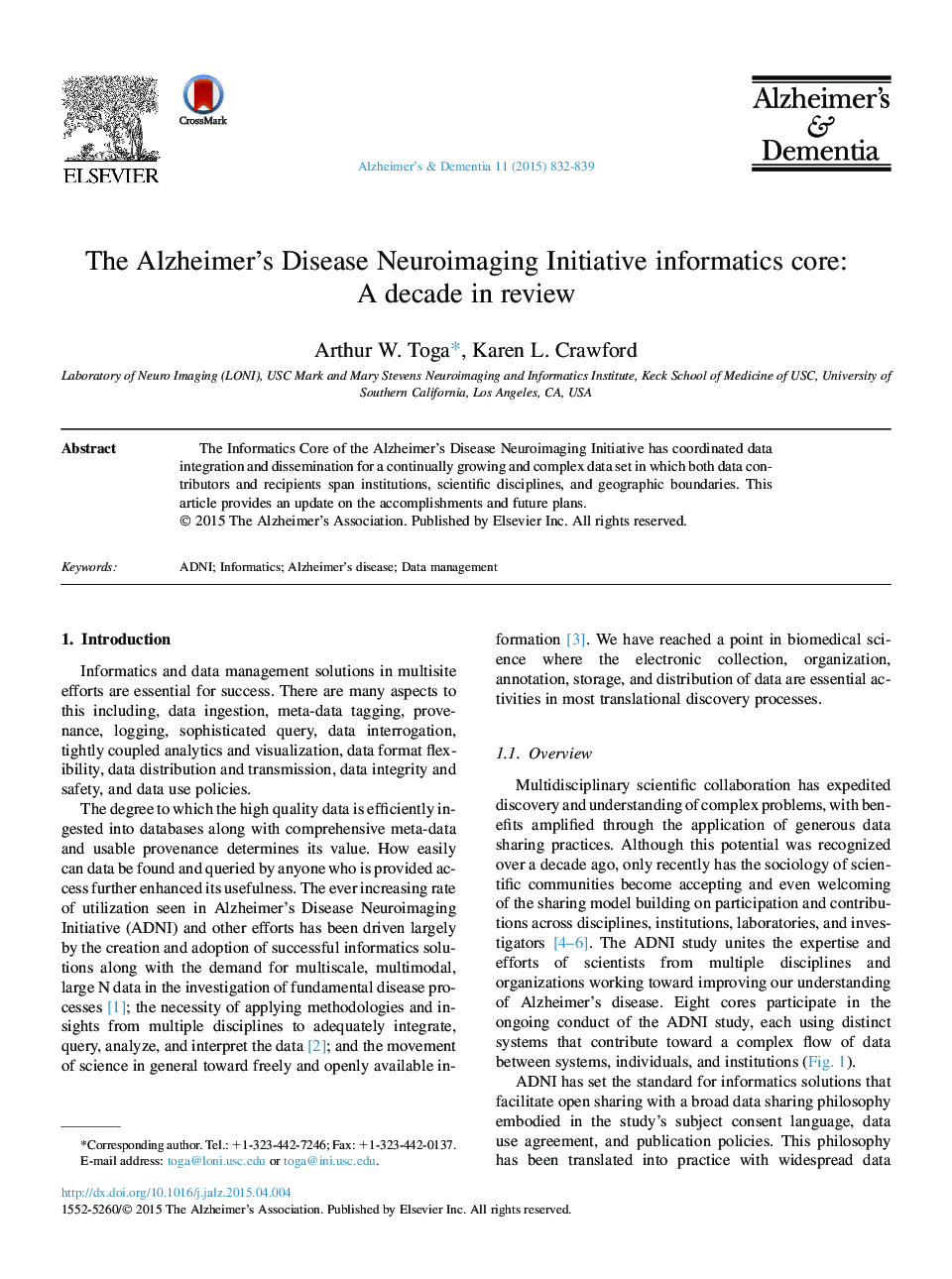 The Alzheimer's Disease Neuroimaging Initiative informatics core: A decade in review