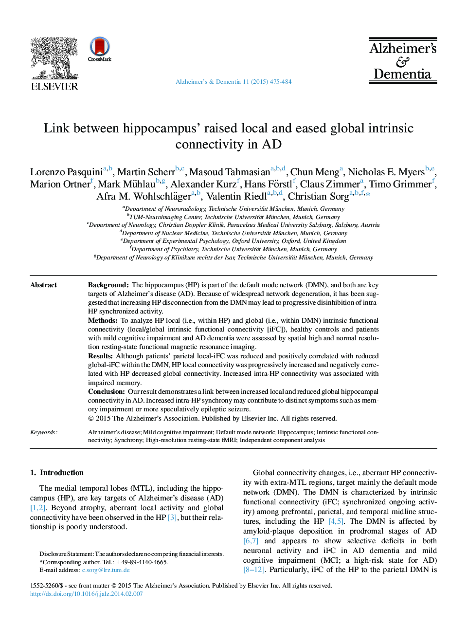 Featured ArticleLink between hippocampus' raised local and eased global intrinsic connectivity in AD