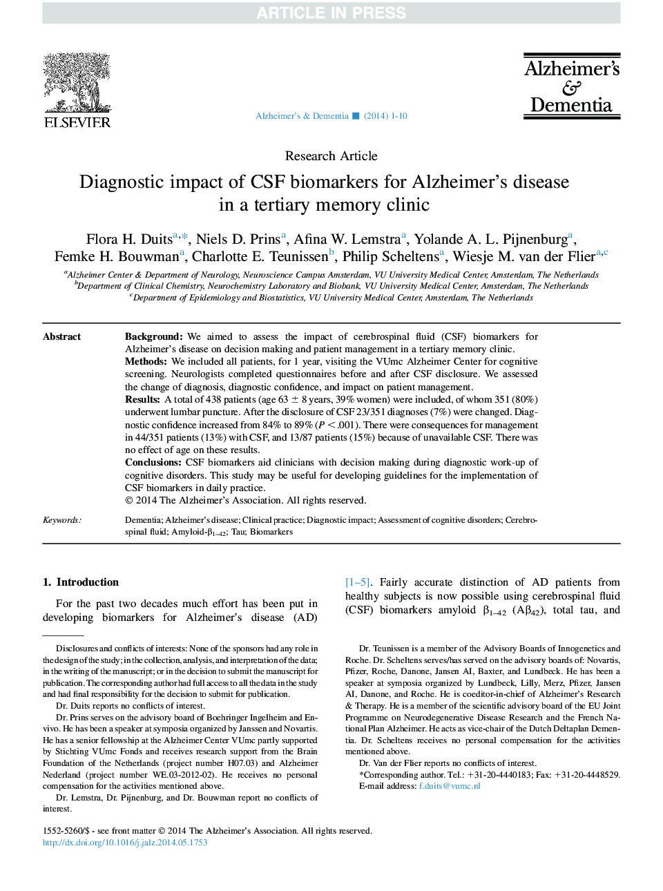 Diagnostic impact of CSF biomarkers for Alzheimer's disease inÂ aÂ tertiary memory clinic