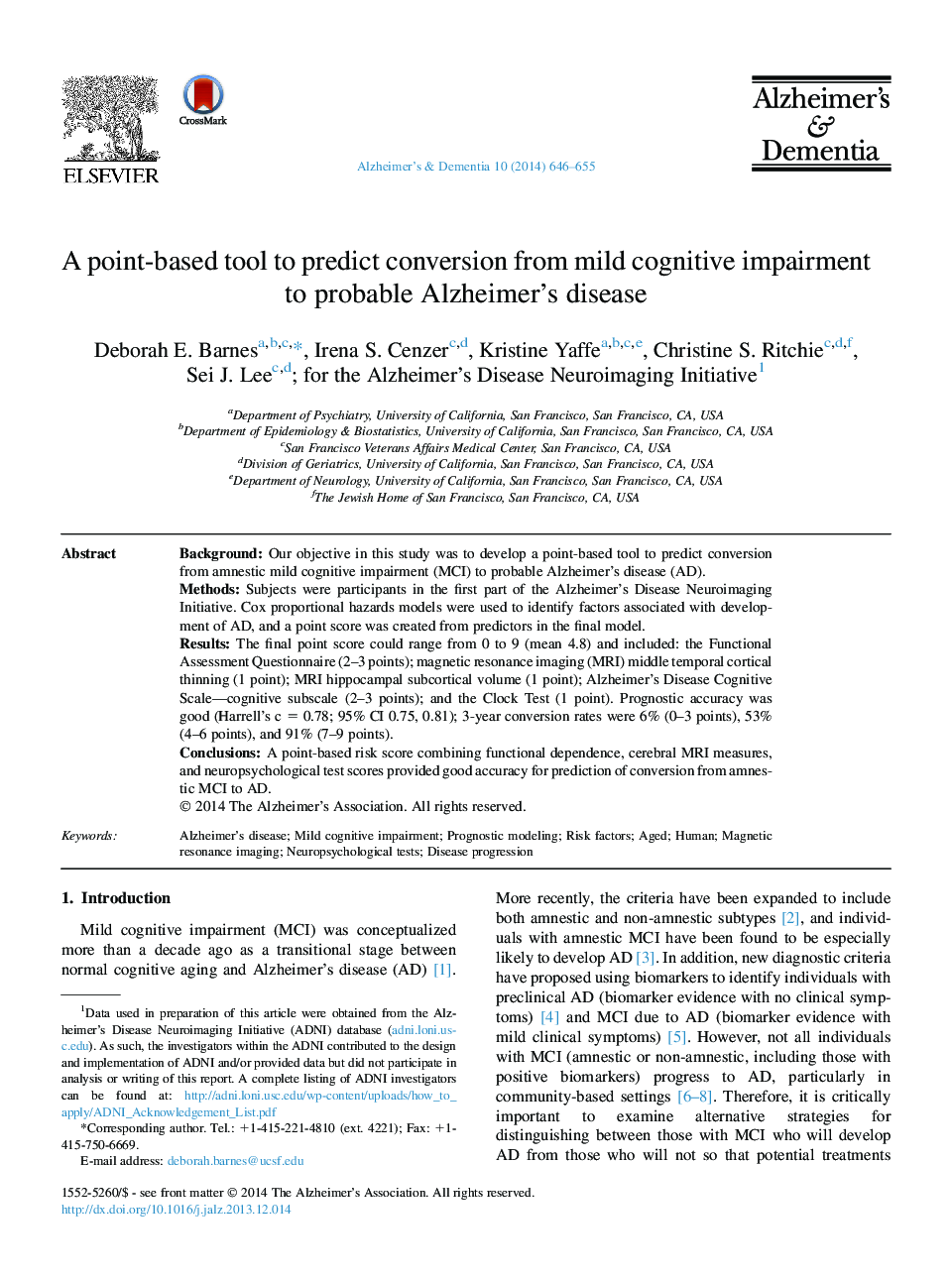 Featured ArticleA point-based tool to predict conversion from mild cognitive impairment to probable Alzheimer's disease