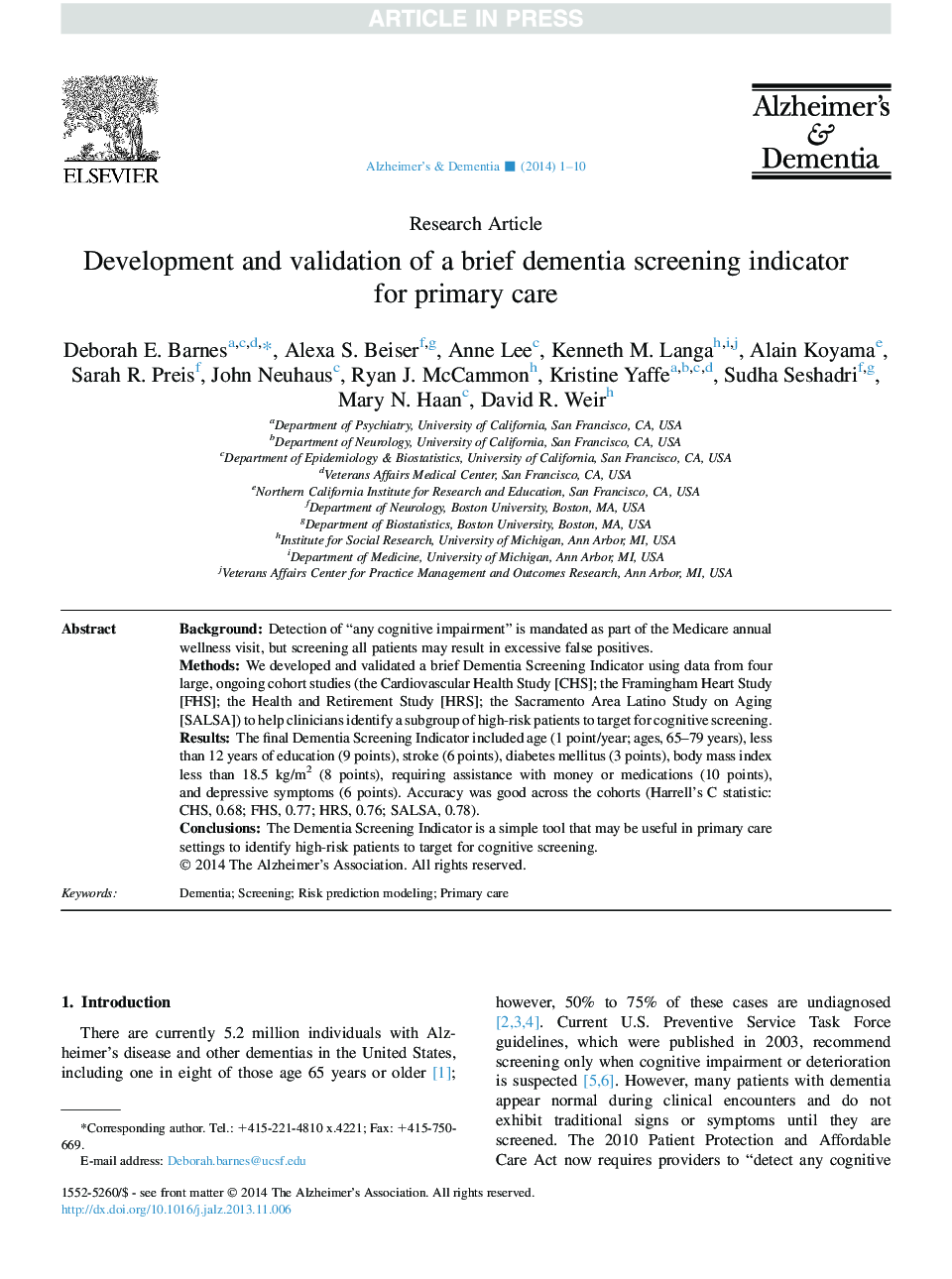 Development and validation of a brief dementia screening indicator forÂ primary care