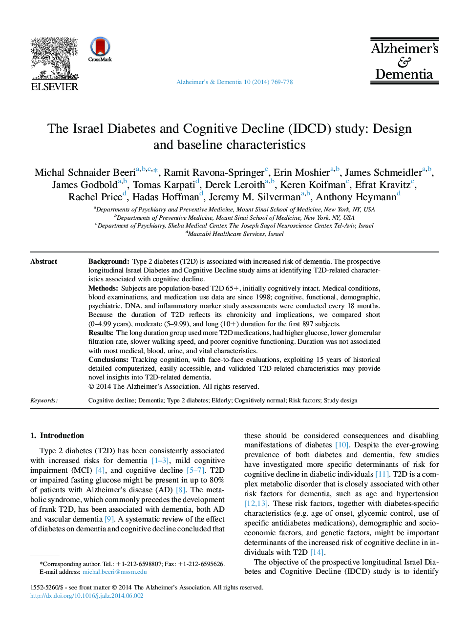 Featured ArticleThe Israel Diabetes and Cognitive Decline (IDCD) study: Design and baseline characteristics