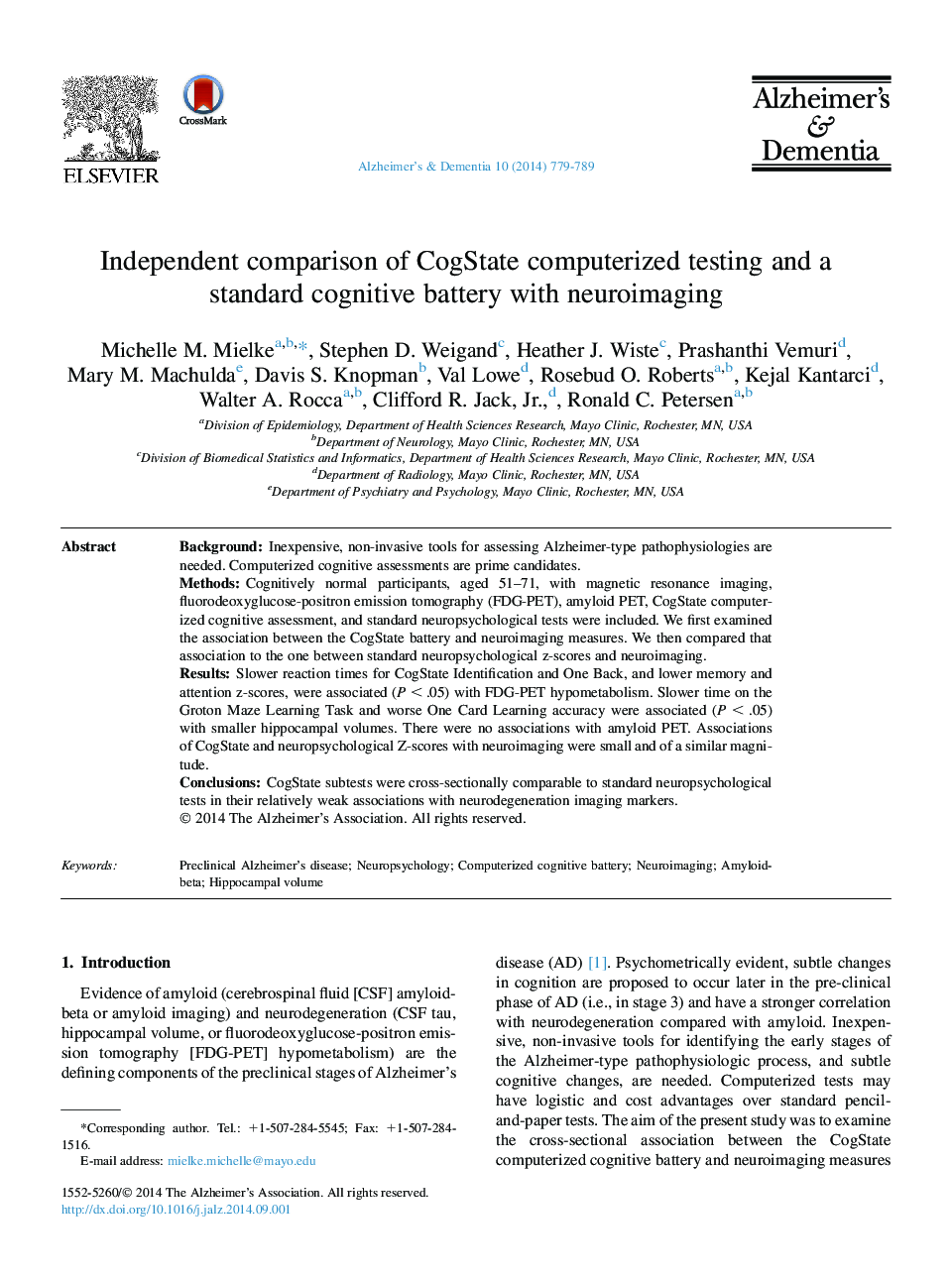 Featured ArticleIndependent comparison of CogState computerized testing and a standard cognitive battery with neuroimaging