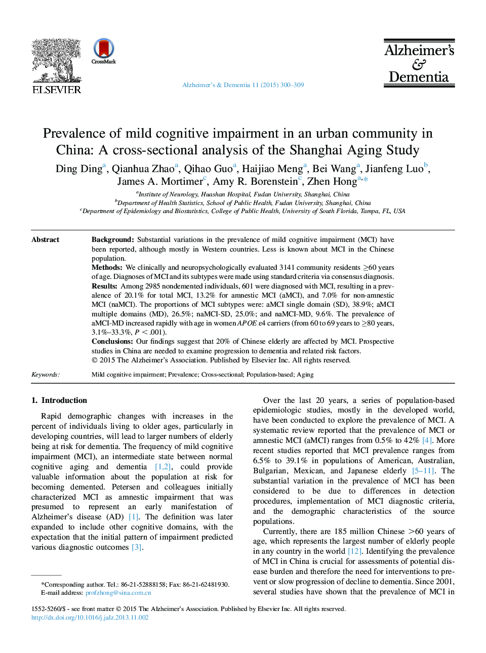 Featured ArticlePrevalence of mild cognitive impairment in an urban community in China: A cross-sectional analysis of the Shanghai Aging Study