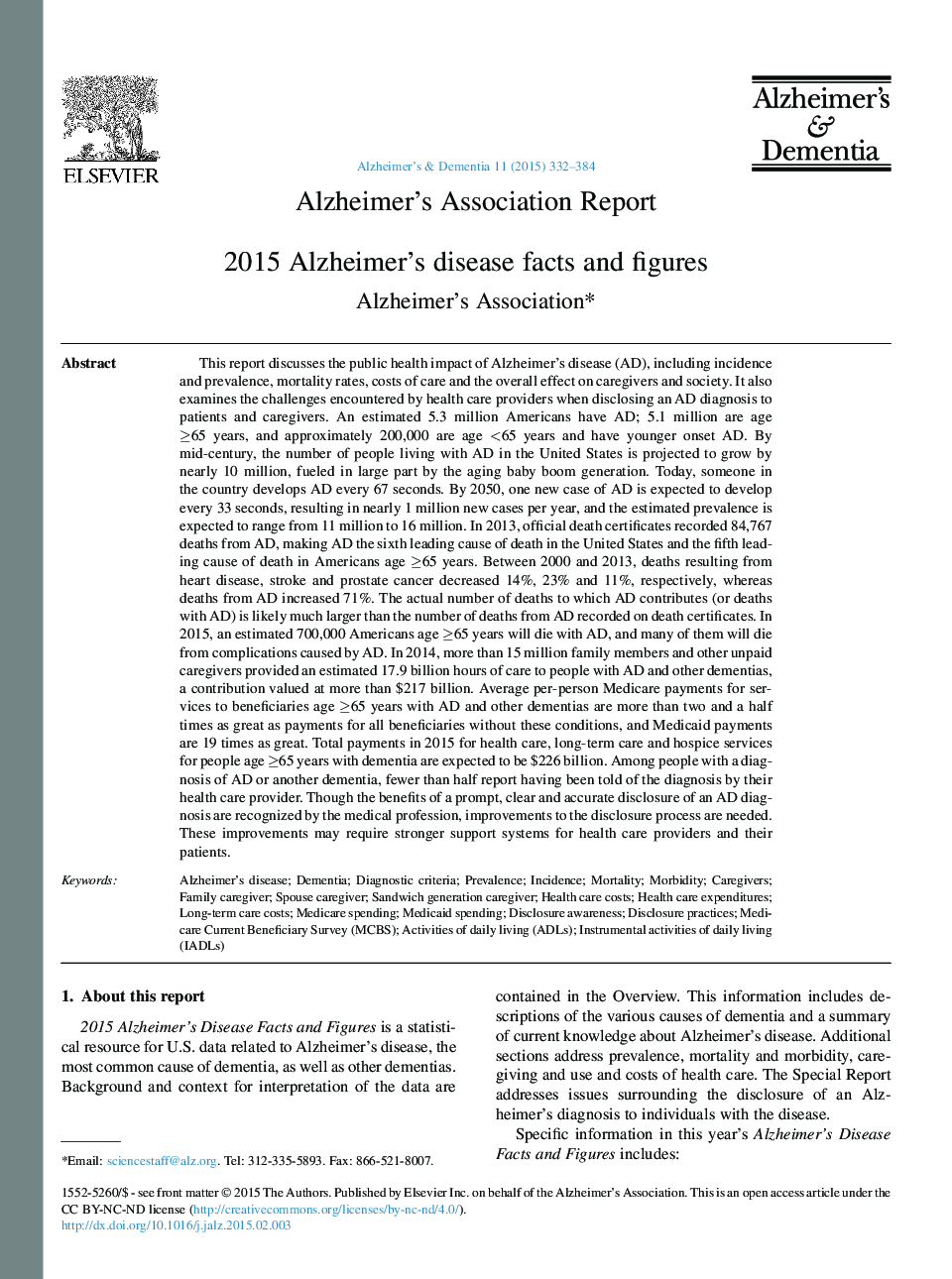 Alzheimer's Association Report2015 Alzheimer's disease facts and figures