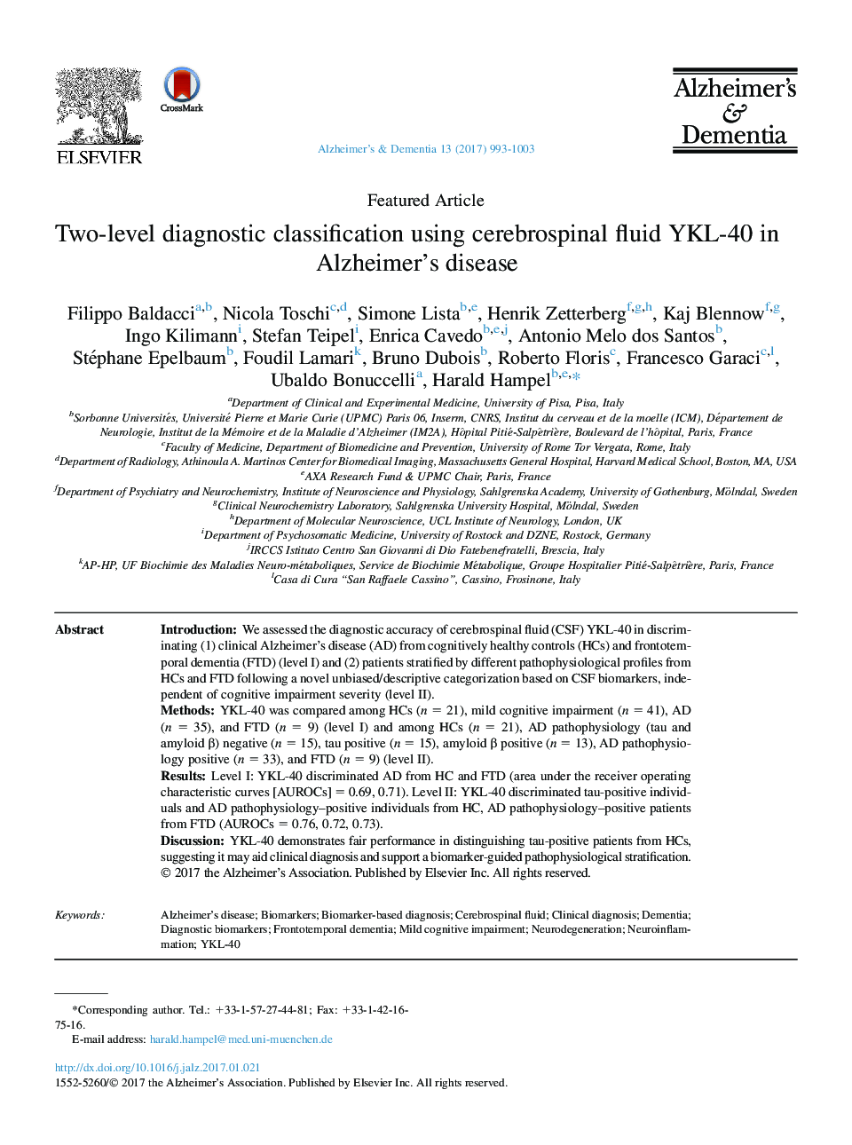 Featured ArticleTwo-level diagnostic classification using cerebrospinal fluid YKL-40 in Alzheimer's disease
