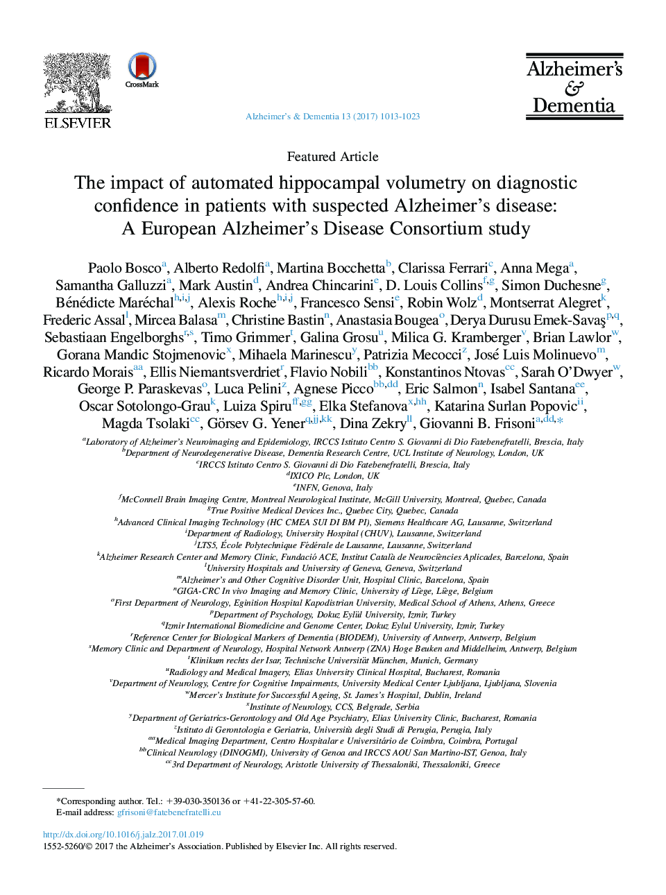 مقالات ویژه: تاثیر حجم سنجی اتوماتیک هیپوکامپ بر اعتماد تشخیصی در بیماران مبتلا به بیماری آلزایمر: یک مطالعه کنسرسیوم بیماری آلزایمر اروپا 