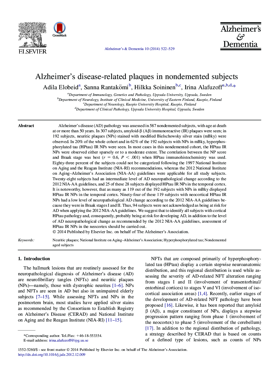 Featured ArticleAlzheimer's disease-related plaques in nondemented subjects