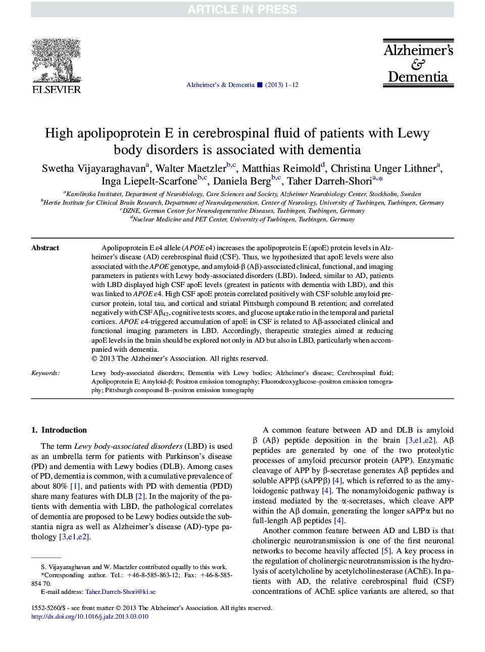 High apolipoprotein E in cerebrospinal fluid of patients with Lewy body disorders is associated with dementia