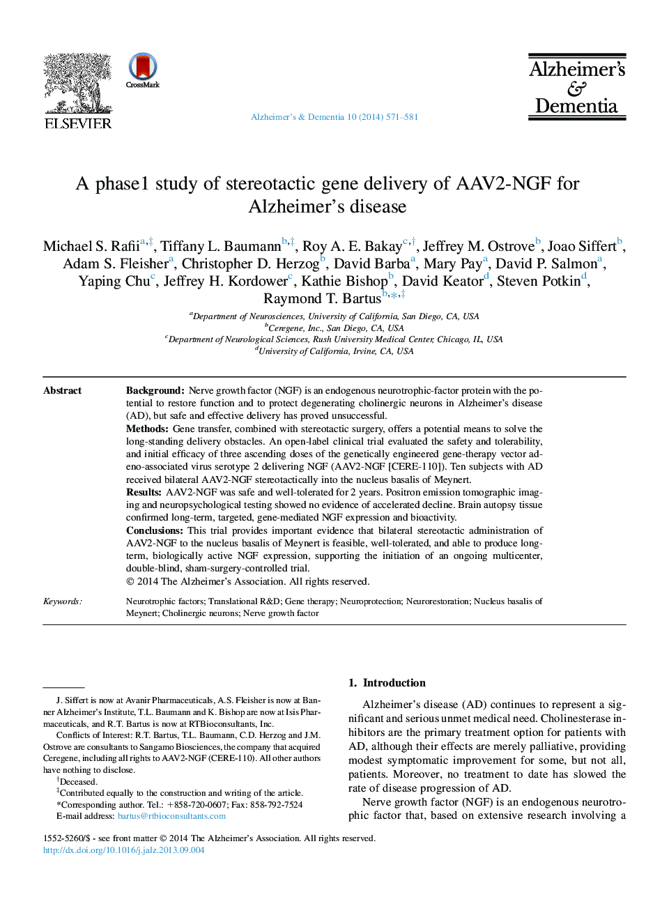 Featured ArticleA phase1 study of stereotactic gene delivery of AAV2-NGF for Alzheimer's disease