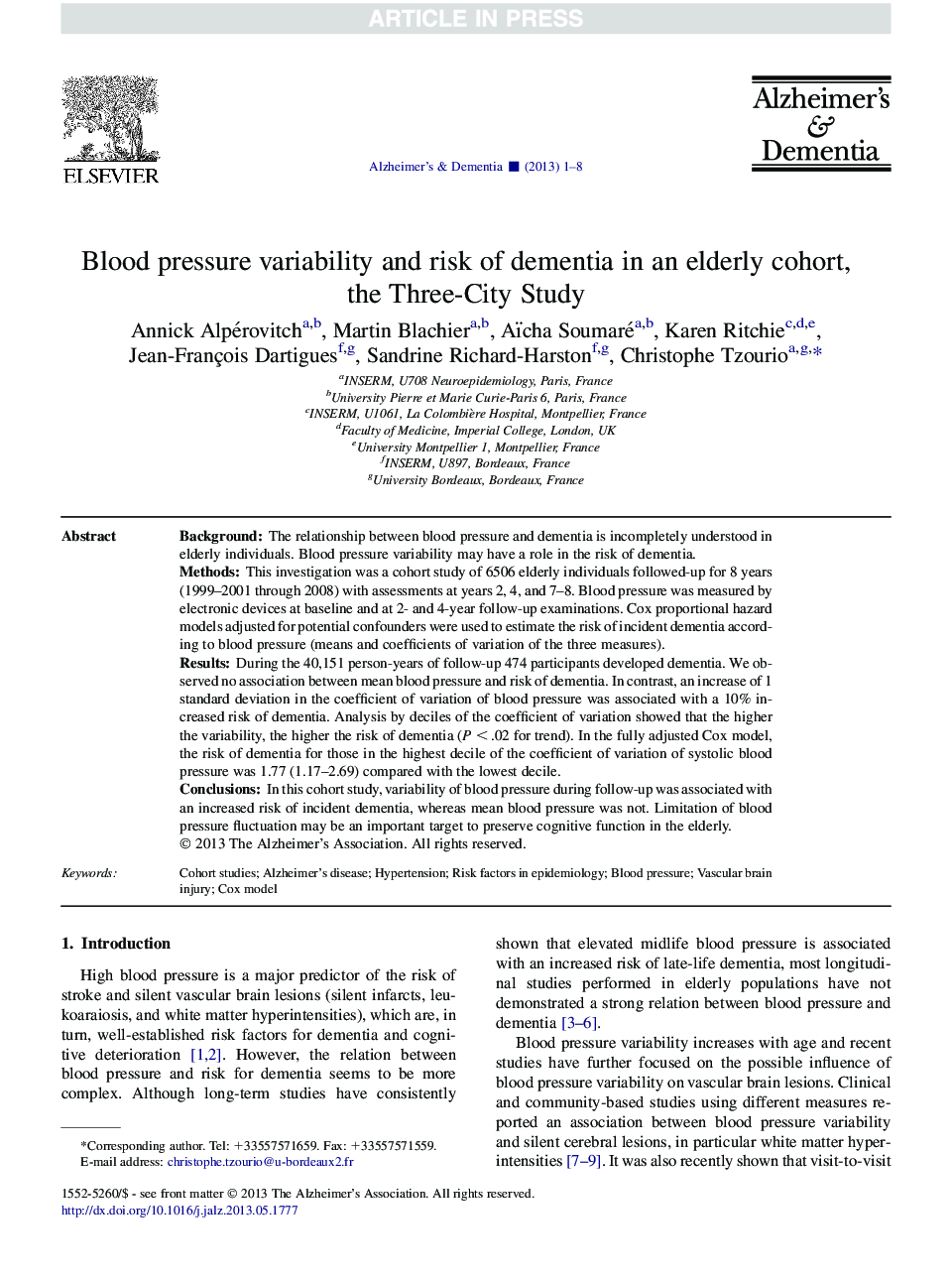 Blood pressure variability and risk of dementia in an elderly cohort, the Three-City Study