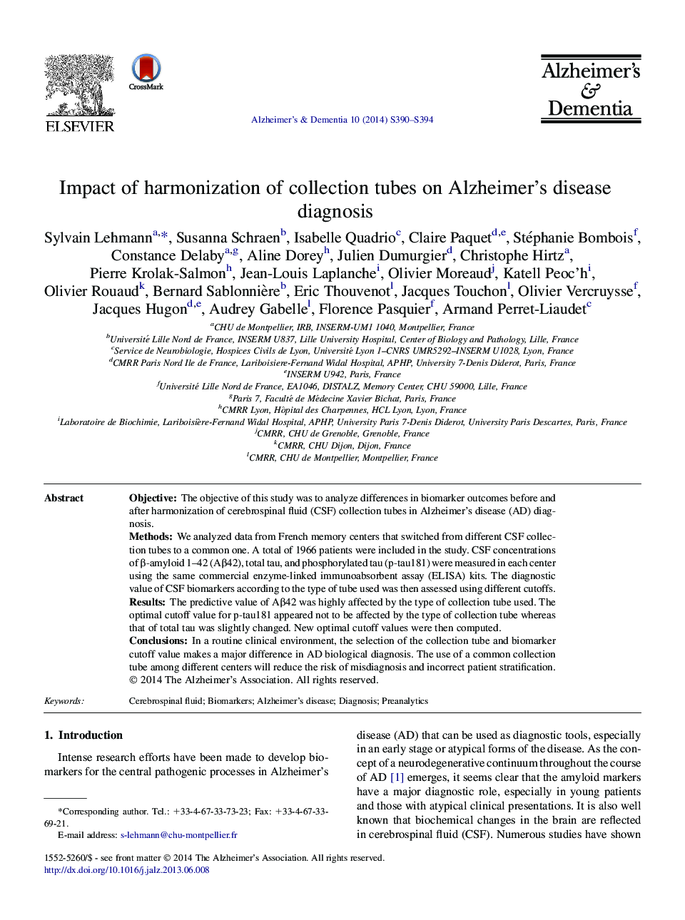 Featured ArticleImpact of harmonization of collection tubes on Alzheimer's disease diagnosis