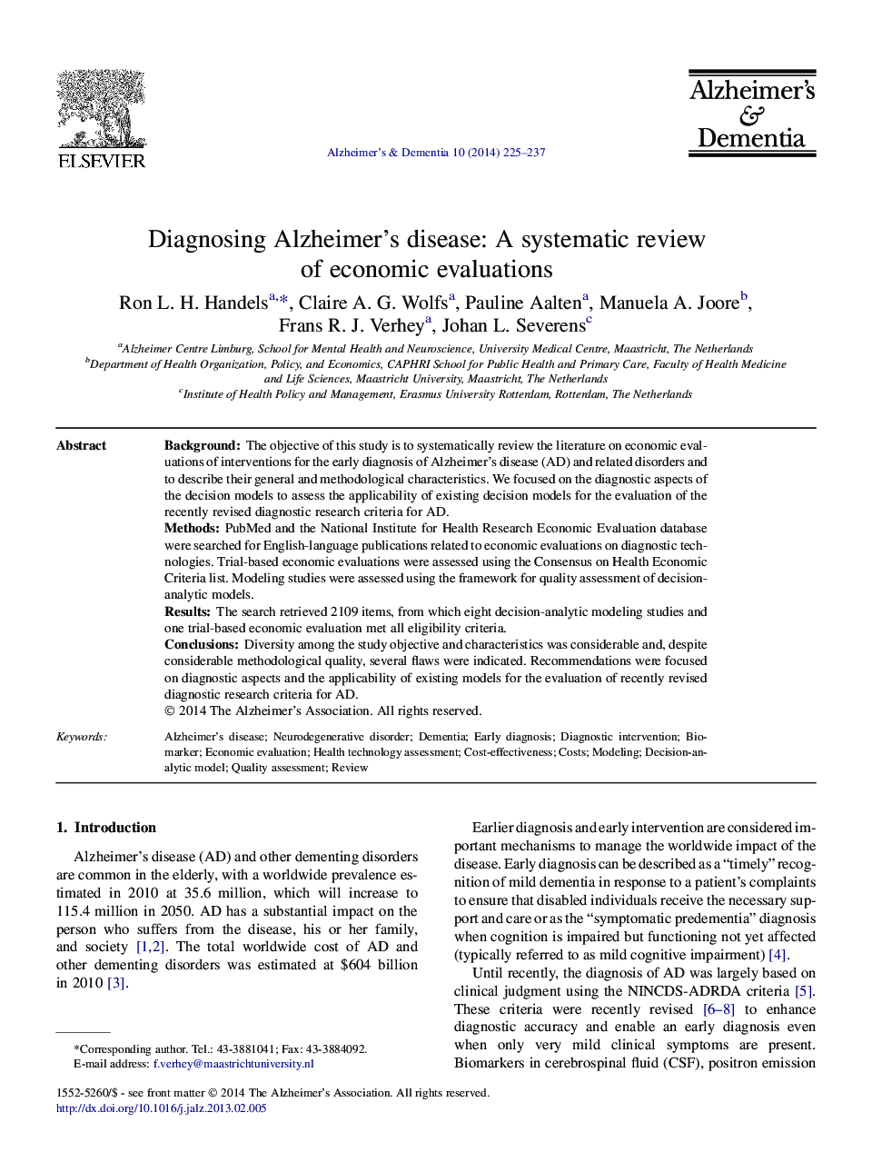 Featured ArticleDiagnosing Alzheimer's disease: A systematic review of economic evaluations