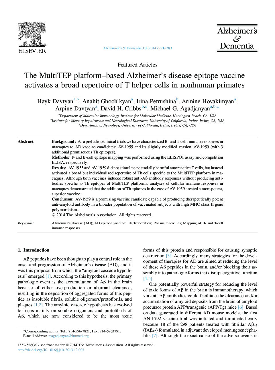 Featured ArticleThe MultiTEP platform-based Alzheimer's disease epitope vaccine activates a broad repertoire of T helper cells in nonhuman primates