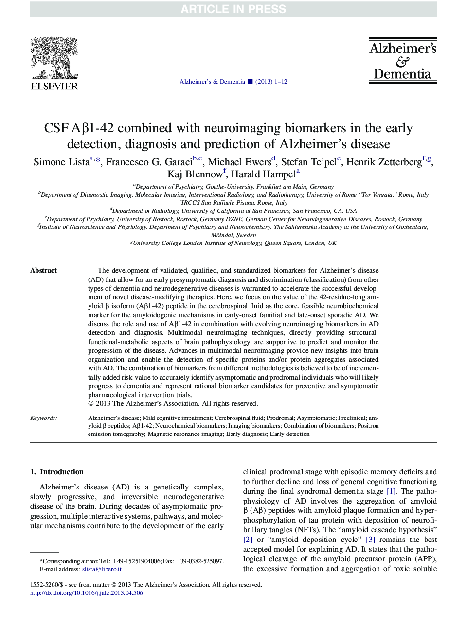 CSF AÎ²1-42 combined with neuroimaging biomarkers in the early detection, diagnosis and prediction of Alzheimer's disease