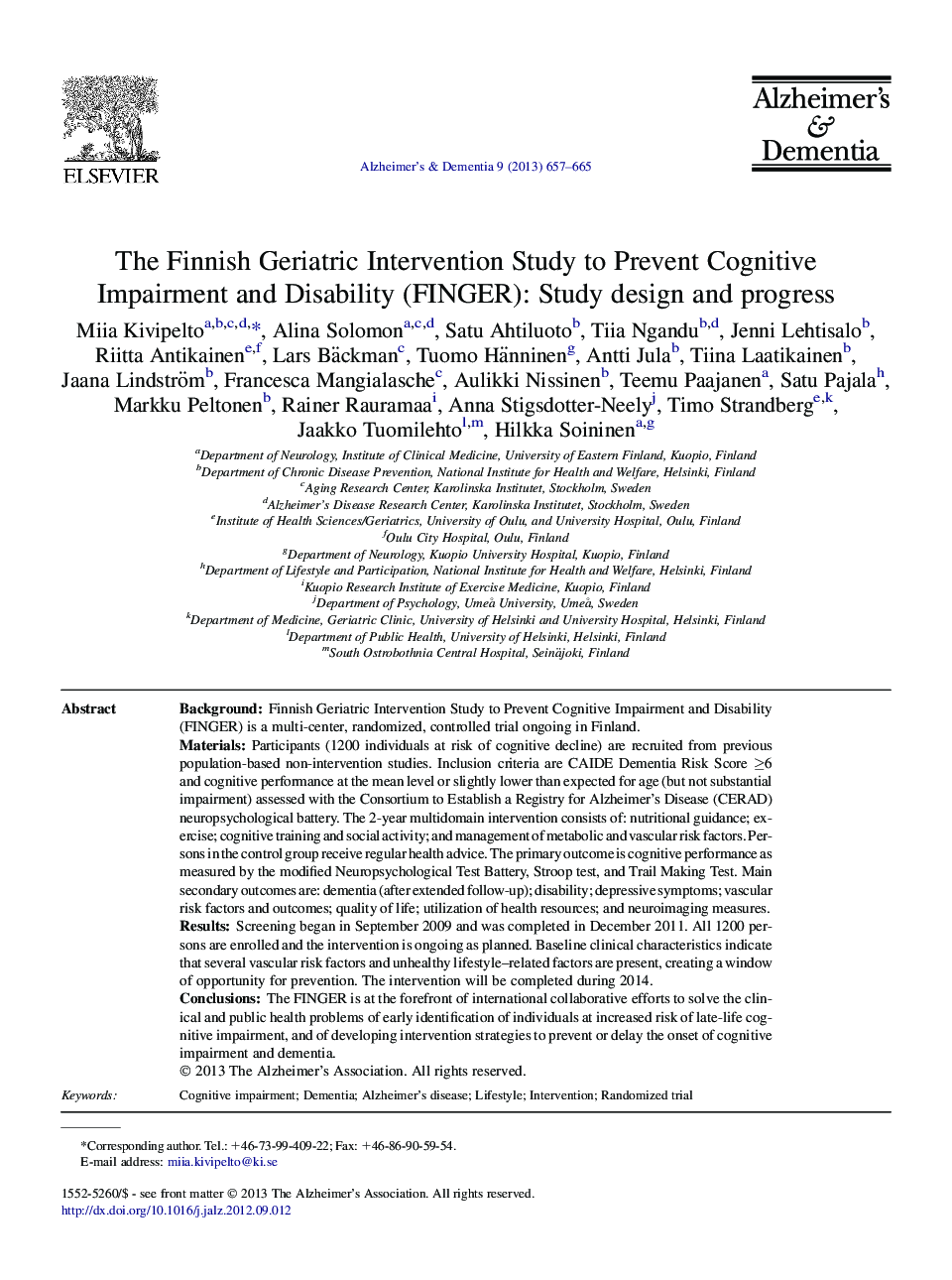 Featured ArticleThe Finnish Geriatric Intervention Study to Prevent Cognitive Impairment and Disability (FINGER): Study design and progress