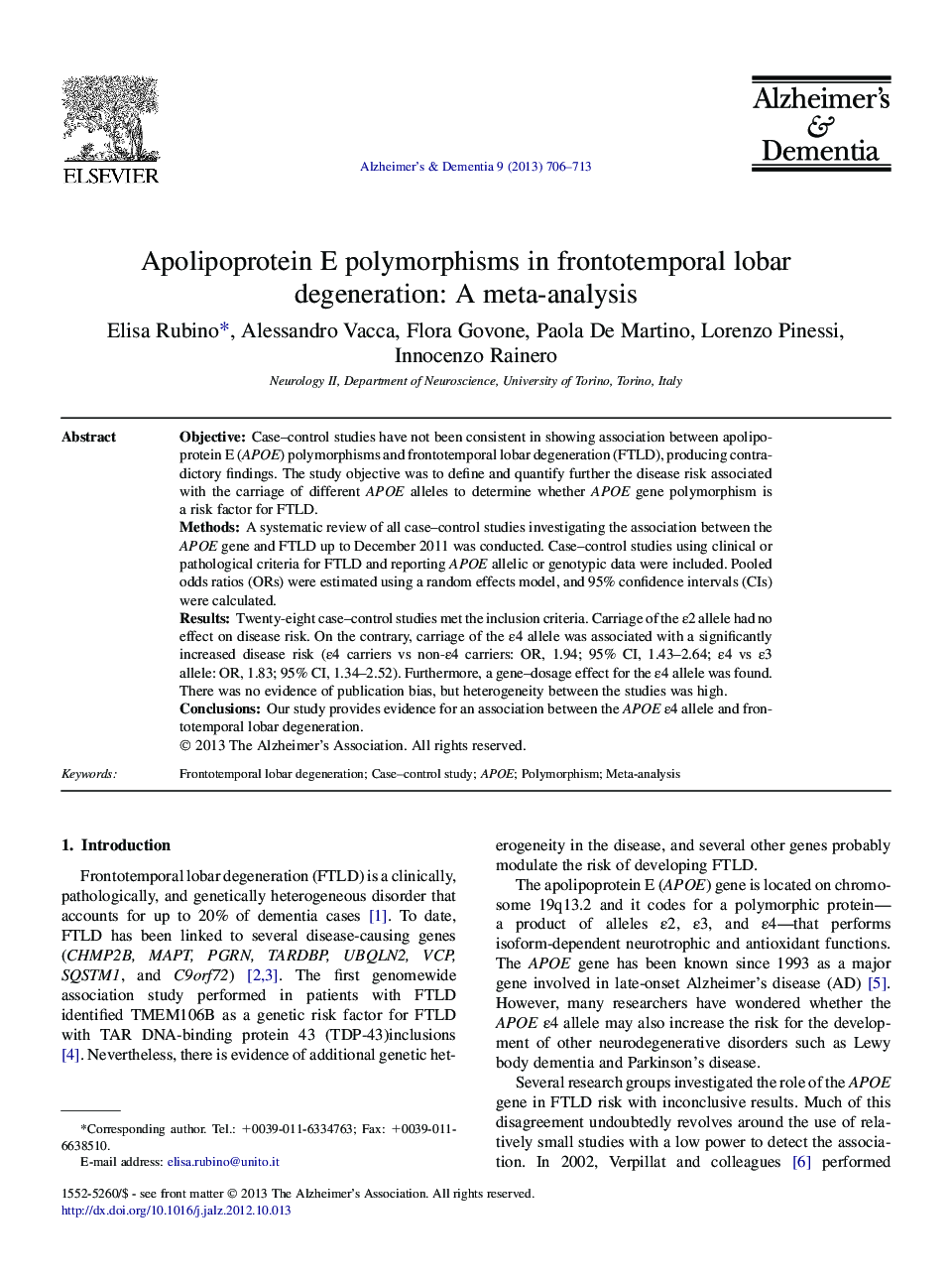 Apolipoprotein E polymorphisms in frontotemporal lobar degeneration: A meta-analysis