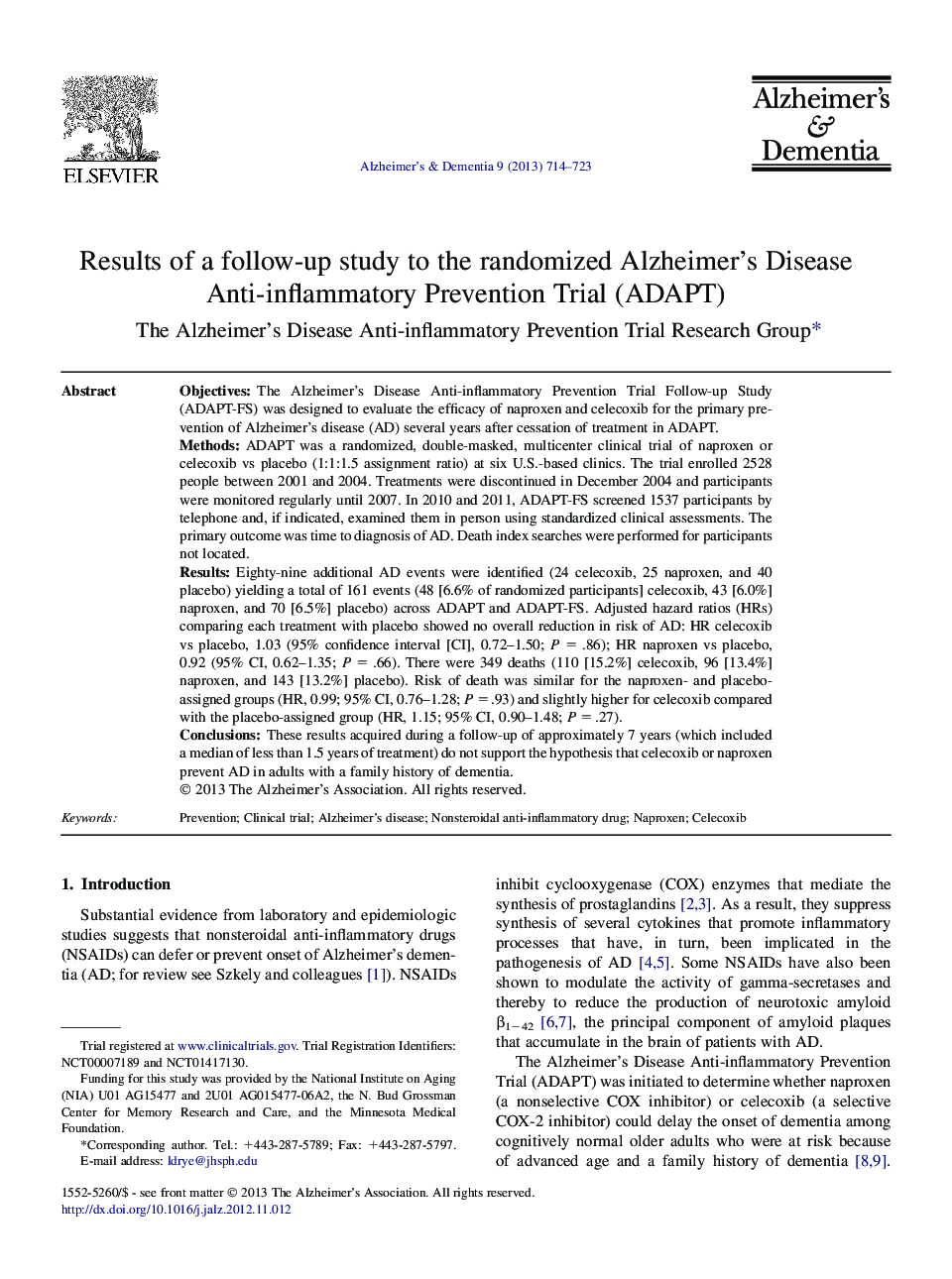 Featured ArticleResults of a follow-up study to the randomized Alzheimer's Disease Anti-inflammatory Prevention Trial (ADAPT)