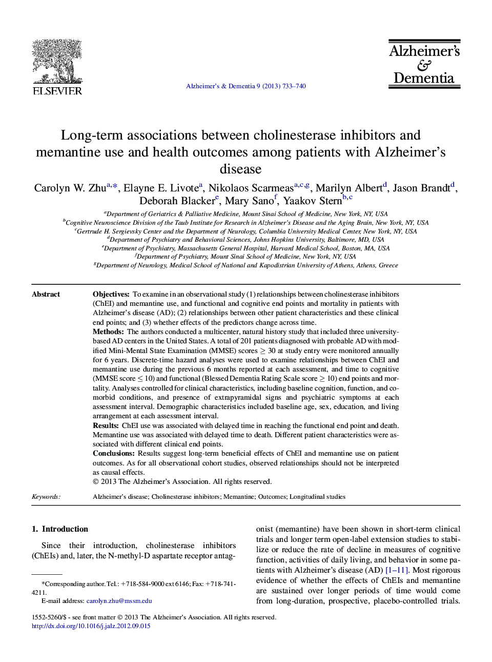 Featured ArticleLong-term associations between cholinesterase inhibitors and memantine use and health outcomes among patients with Alzheimer's disease