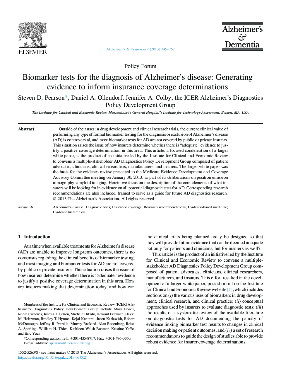 Policy ForumBiomarker tests for the diagnosis of Alzheimer's disease: Generating evidence to inform insurance coverage determinations