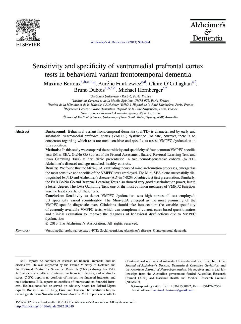 Sensitivity and specificity of ventromedial prefrontal cortex tests in behavioral variant frontotemporal dementia