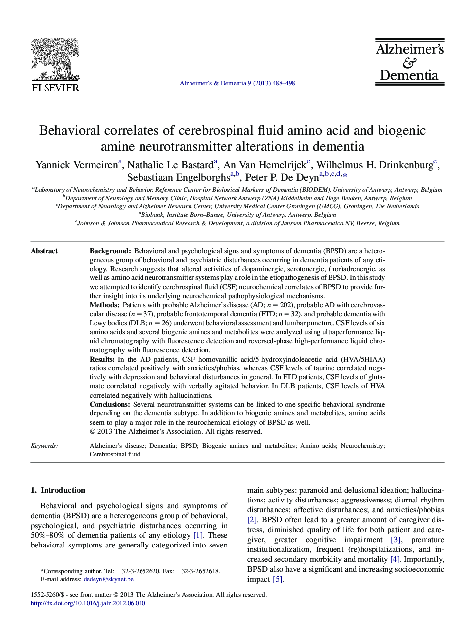 Featured ArticleBehavioral correlates of cerebrospinal fluid amino acid and biogenic amine neurotransmitter alterations in dementia