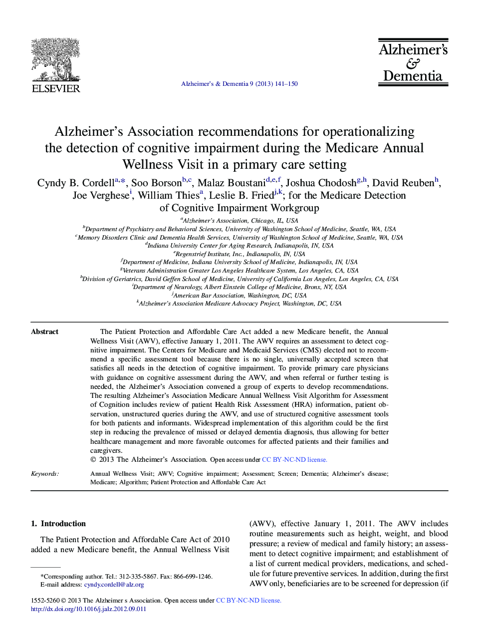 PerspectiveAlzheimer's Association recommendations for operationalizing theÂ detection of cognitive impairment during the Medicare Annual Wellness Visit in a primary care setting