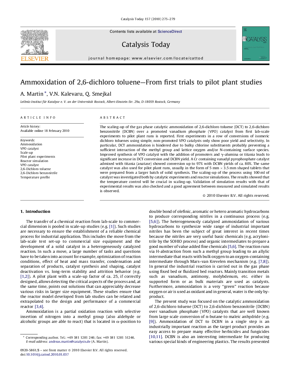 Ammoxidation of 2,6-dichloro toluene—From first trials to pilot plant studies