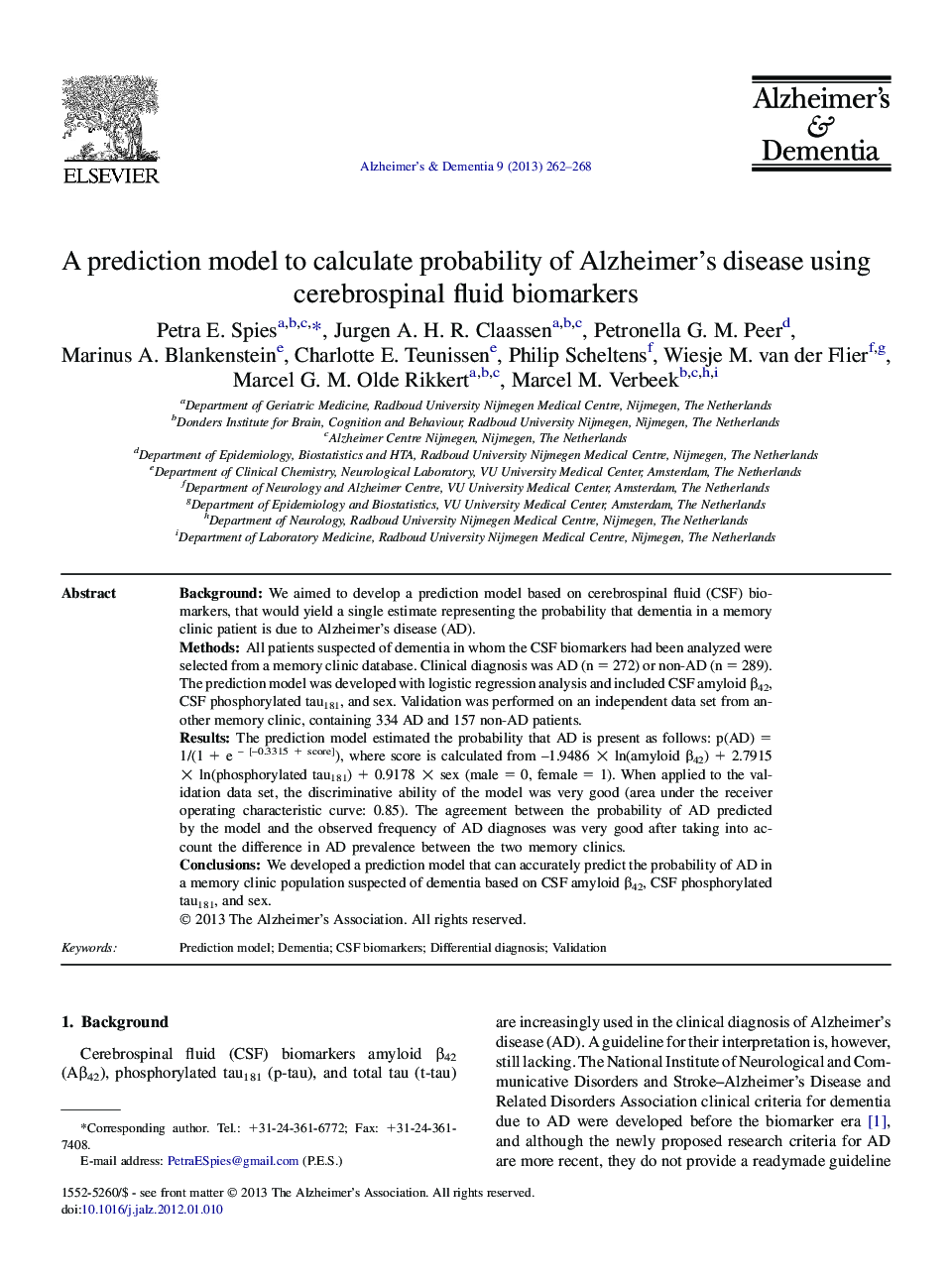 Featured ArticleA prediction model to calculate probability of Alzheimer's disease using cerebrospinal fluid biomarkers