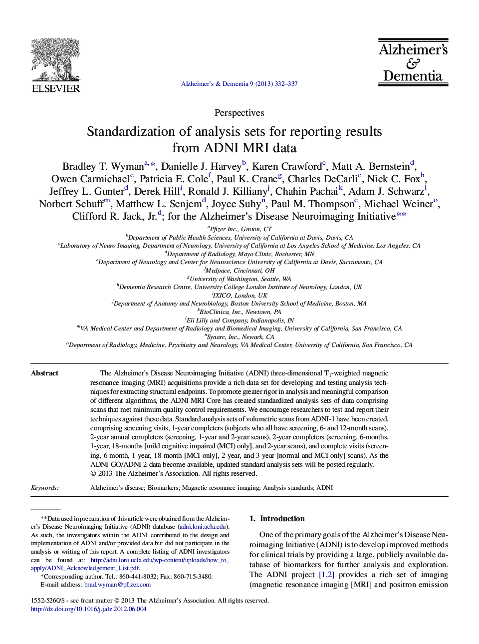PerspectiveStandardization of analysis sets for reporting results from ADNI MRI data