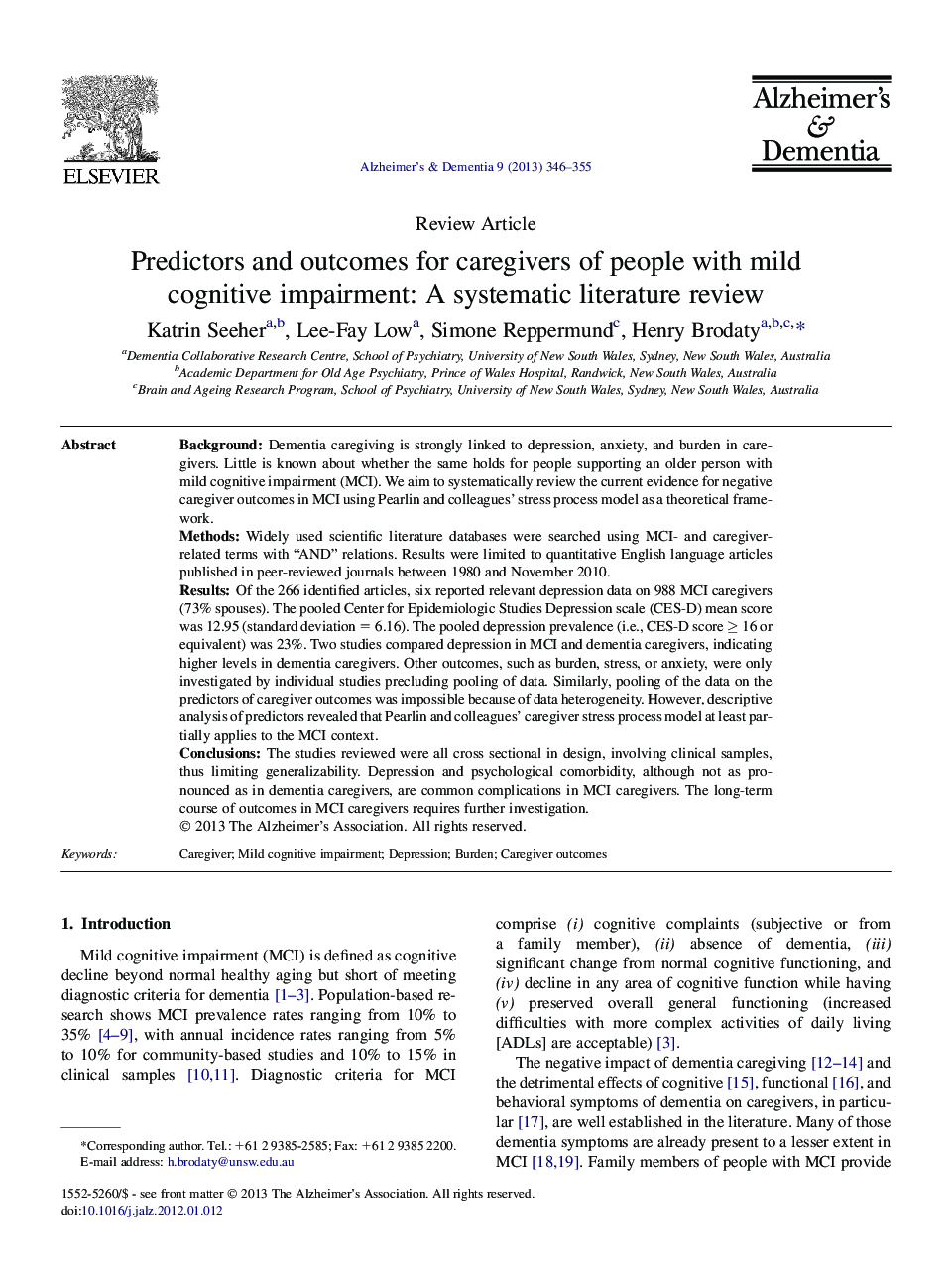 بررسی مقاله و پیش بینی کننده نتایج مراقبتی افراد مبتلا به اختلال شناختی خفیف: یک بررسی ادبی سیستماتیک 