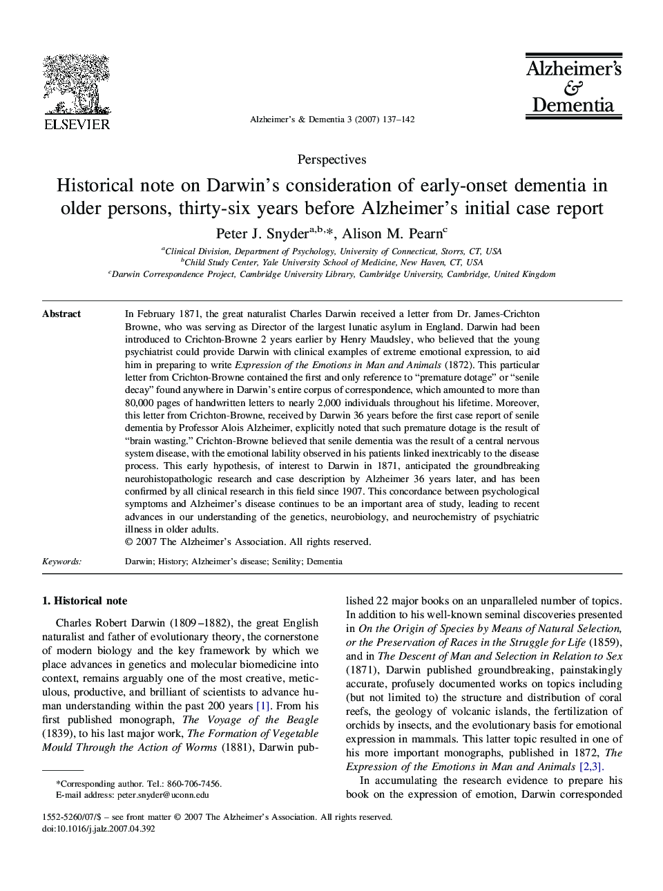 PerspectiveHistorical note on Darwin's consideration of early-onset dementia in older persons, thirty-six years before Alzheimer's initial case report