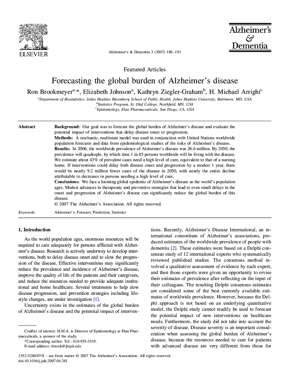 Forecasting the global burden of Alzheimer's disease