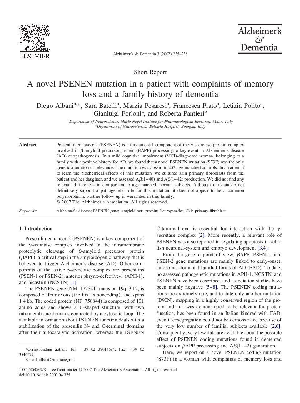 Short reportA novel PSENEN mutation in a patient with complaints of memory loss and a family history of dementia