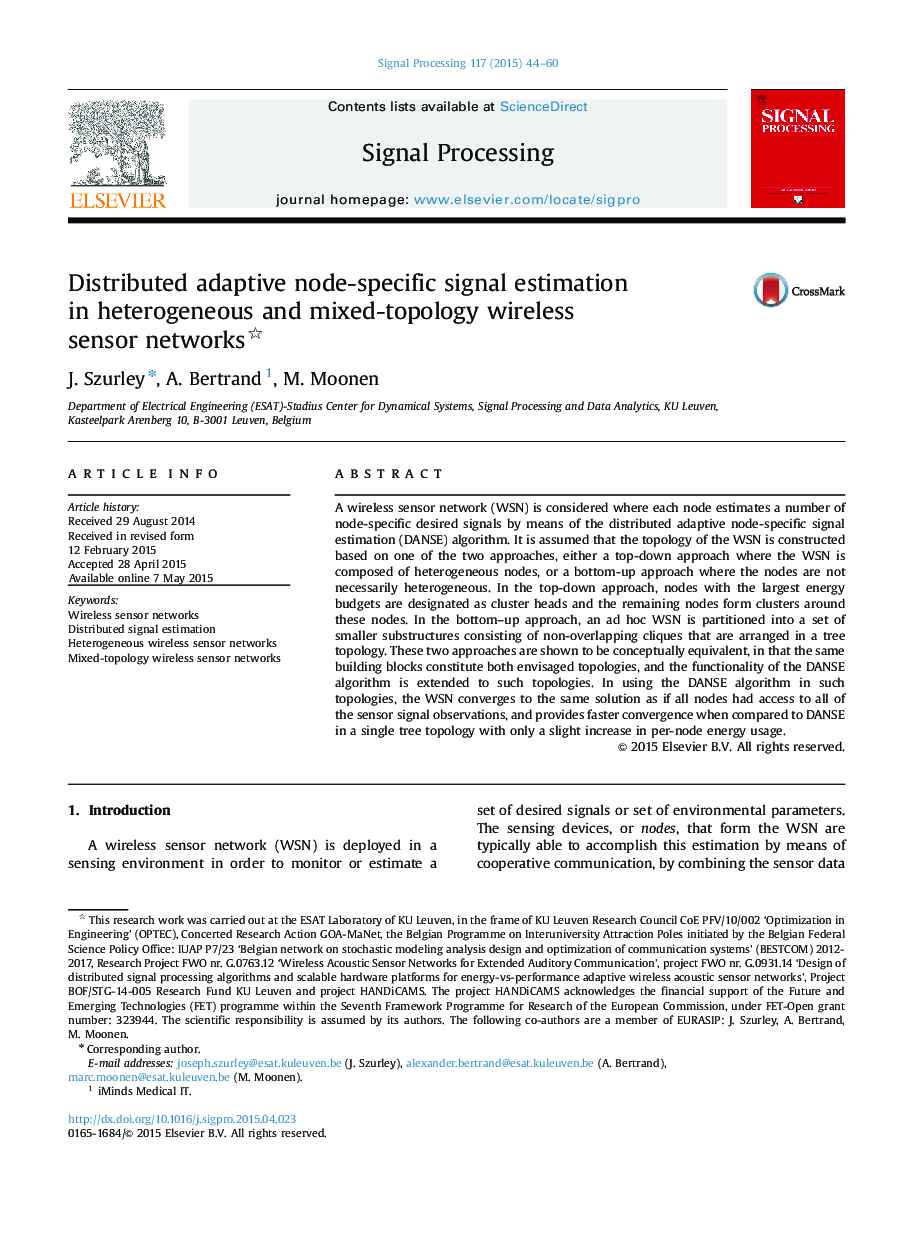 عکس صفحه اول مقاله: Distributed adaptive node-specific signal estimation in heterogeneous and mixed-topology wireless sensor networks Distributed adaptive node-specific signal estimation in heterogeneous and mixed-topology wireless sensor networks