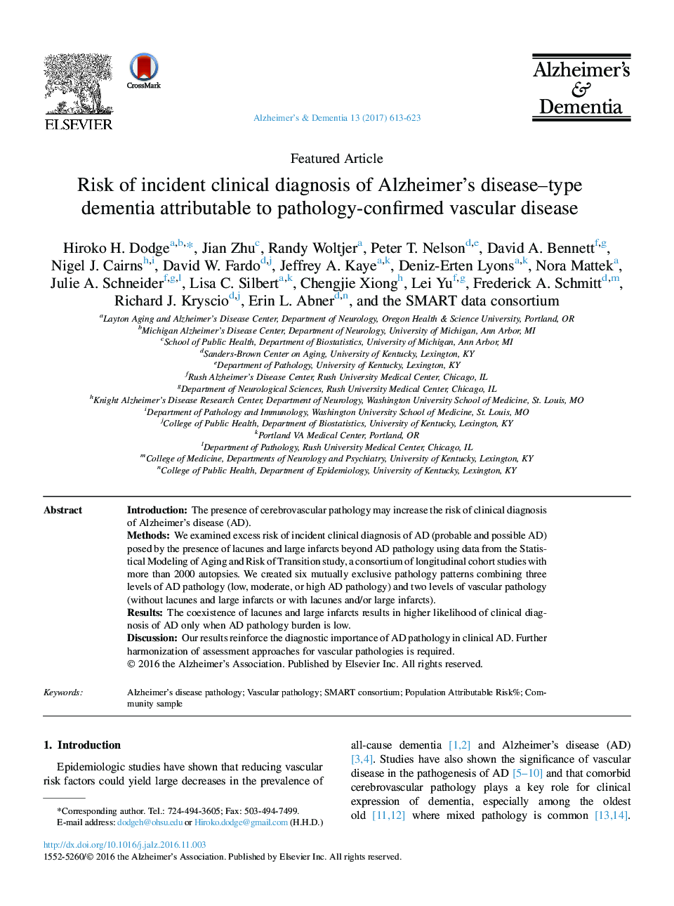 Featured ArticleRisk of incident clinical diagnosis of Alzheimer's disease-type dementiaÂ attributable to pathology-confirmed vascular disease