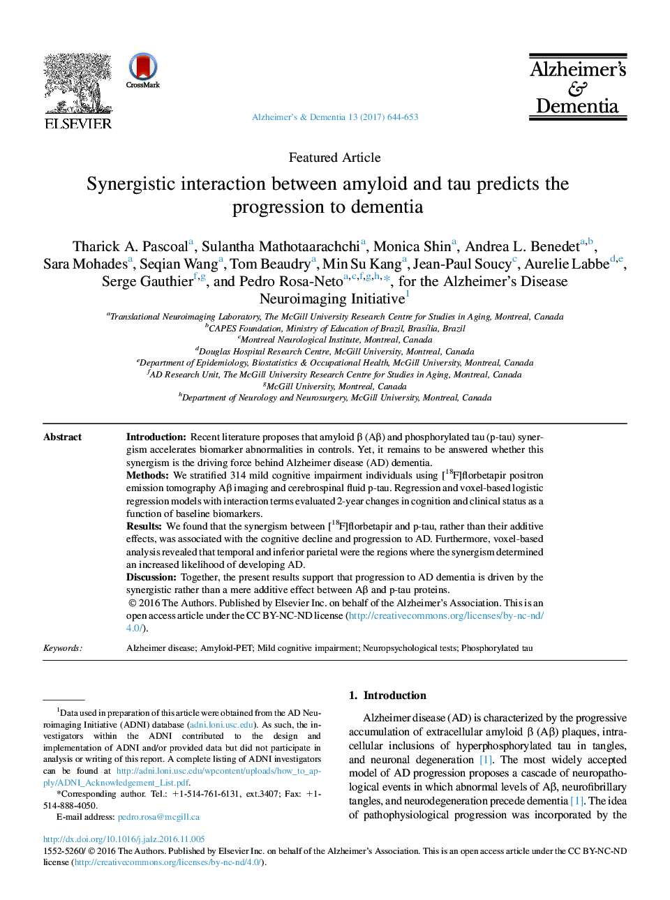 Featured ArticleSynergistic interaction between amyloid and tau predicts the progressionÂ to dementia