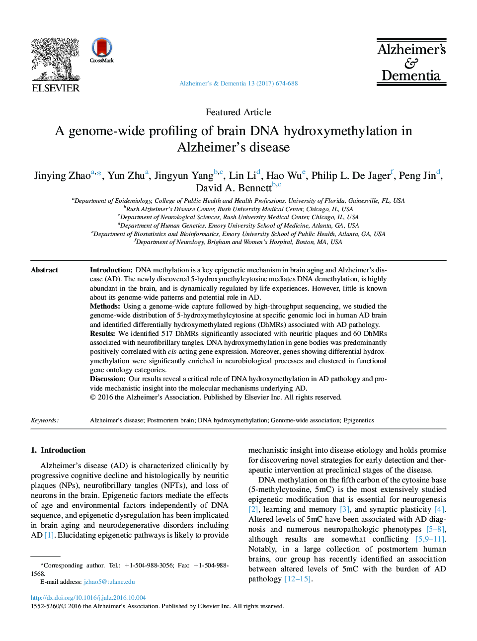 Featured ArticleA genome-wide profiling of brain DNA hydroxymethylation in Alzheimer's disease