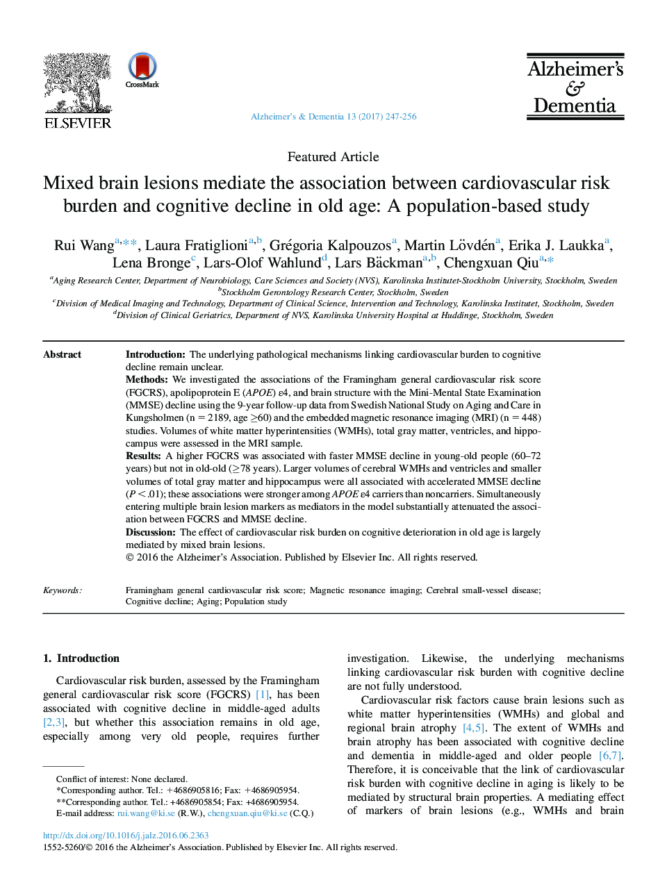 Featured ArticleMixed brain lesions mediate the association between cardiovascular risk burden and cognitive decline in old age: A population-based study