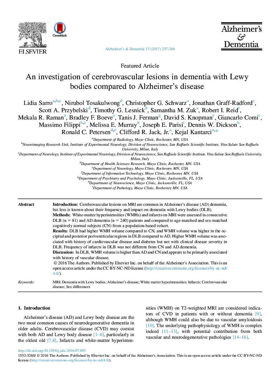 Featured ArticleAn investigation of cerebrovascular lesions in dementia with Lewy bodies compared to Alzheimer's disease