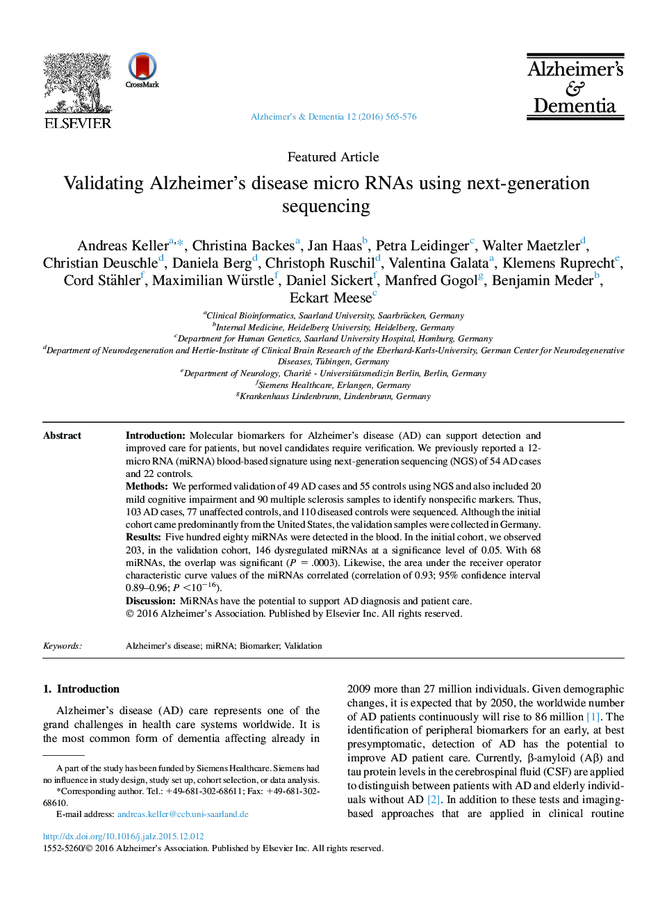 Featured ArticleValidating Alzheimer's disease micro RNAs using next-generation sequencing