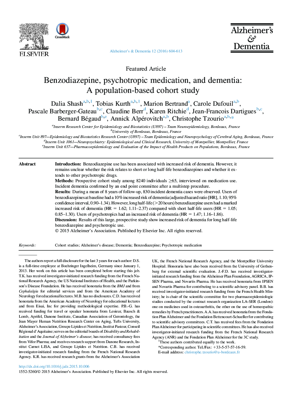 Featured ArticleBenzodiazepine, psychotropic medication, and dementia: AÂ population-based cohort study