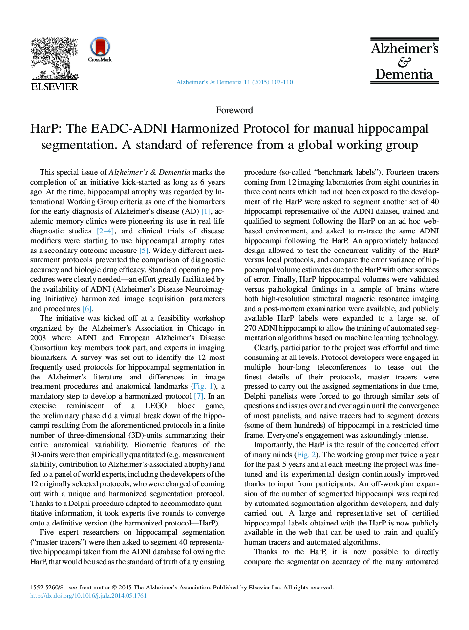 HarP: The EADC-ADNI Harmonized Protocol for manual hippocampal segmentation. A standard of reference from a global working group