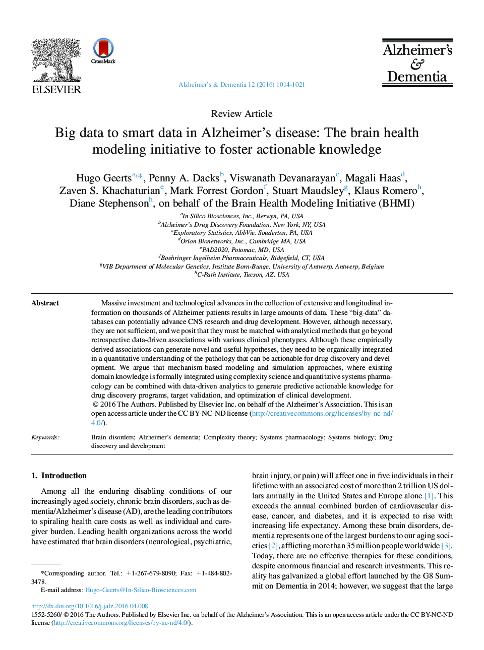 Review ArticleBig data to smart data in Alzheimer's disease: The brain health modeling initiative to foster actionable knowledge