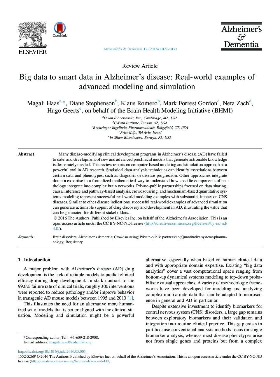 Review ArticleBig data to smart data in Alzheimer's disease: Real-world examples of advanced modeling and simulation