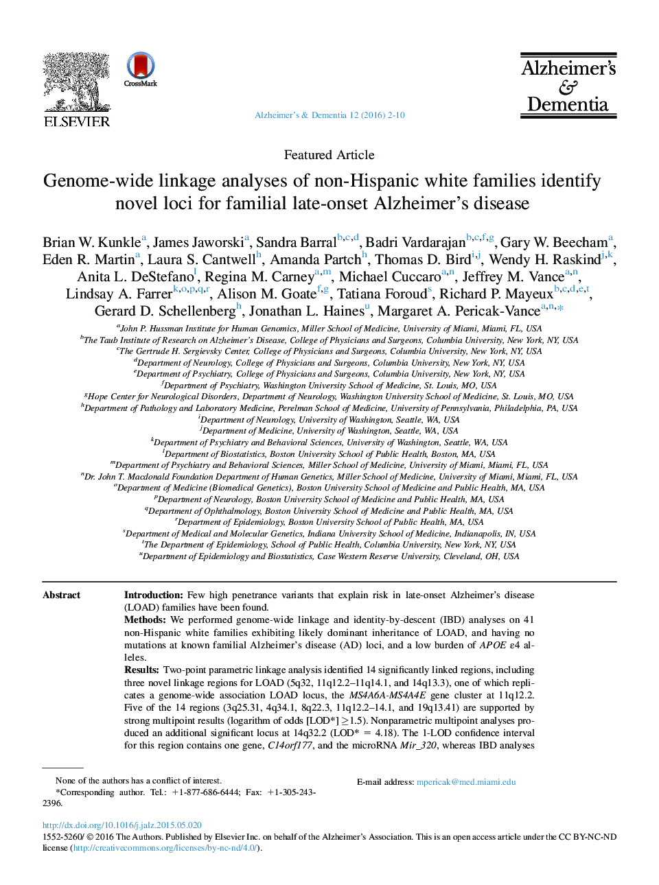 Featured ArticleGenome-wide linkage analyses of non-Hispanic white families identify novel loci for familial late-onset Alzheimer's disease