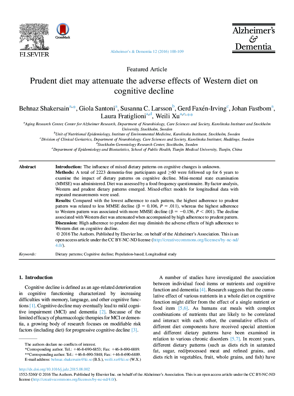 Featured ArticlePrudent diet may attenuate the adverse effects of Western diet on cognitive decline