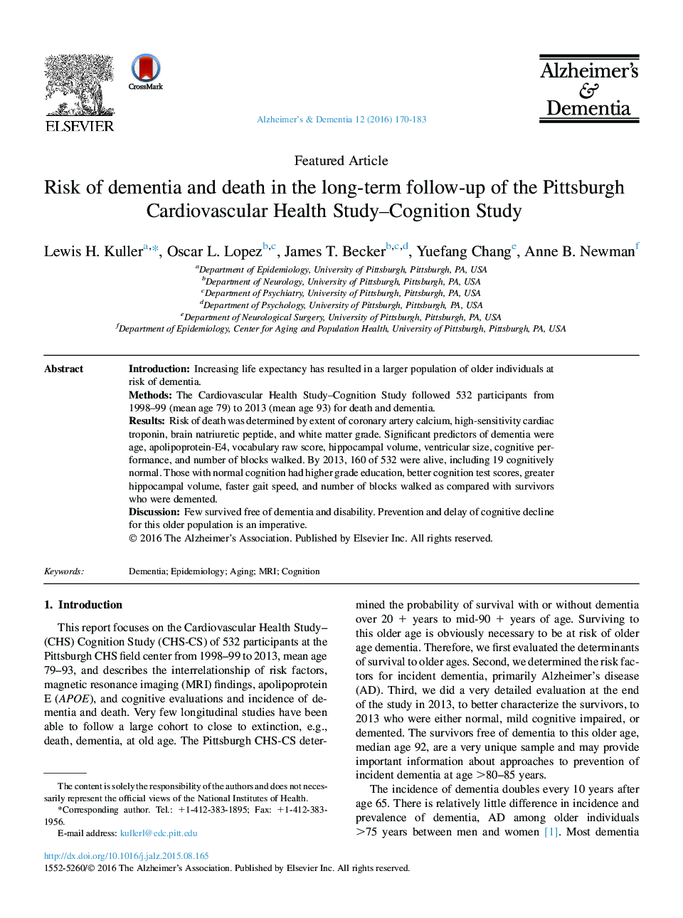 Featured ArticleRisk of dementia and death in the long-term follow-up of the Pittsburgh Cardiovascular Health Study-Cognition Study