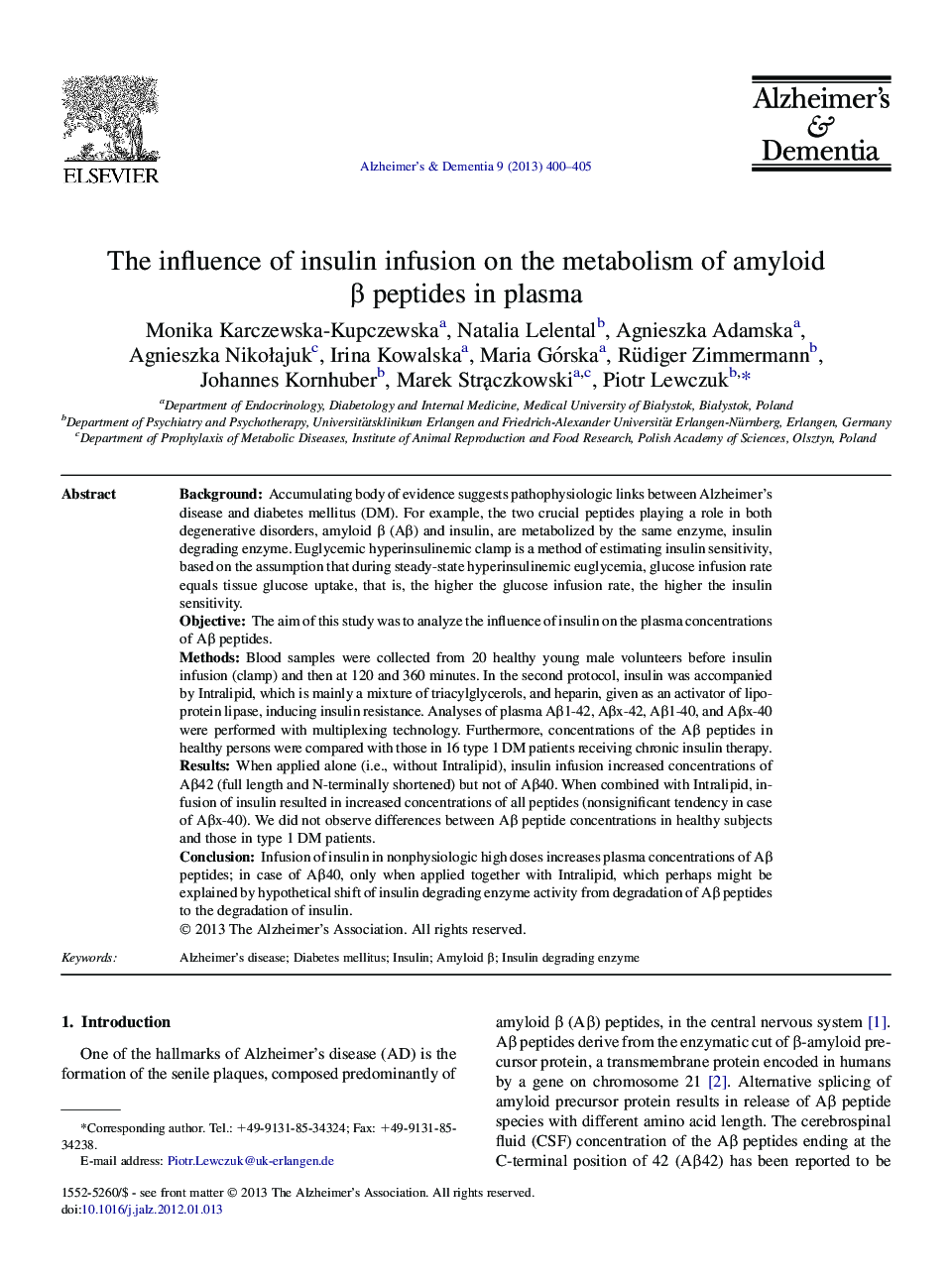 Featured ArticleThe influence of insulin infusion on the metabolism of amyloid Î² peptides in plasma